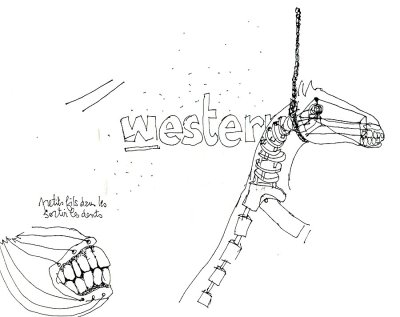 dessin préparatoire cheval pendu "Rue de la chute"